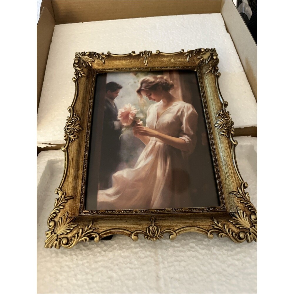 5x7 Antique Picture Frame Gold Vintage Ornate Glass Front Tabletop Wall Hanging